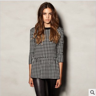 Fashion small black and white houndstooth hepburn lattice dress sweater