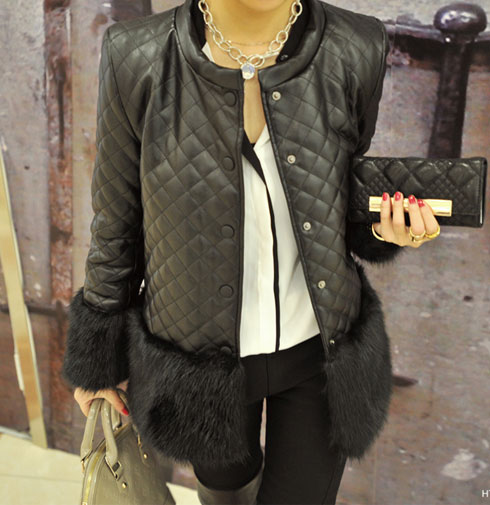 Fashion small ladies leather plaid stitch fur cotton-padded jacket wadded artificial fur outerwear overcoat female