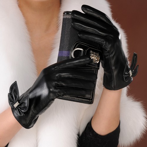 Fashion sparkling diamond bow Women genuine leather gloves women's sheepskin gloves thermal leather gloves Free Shipping