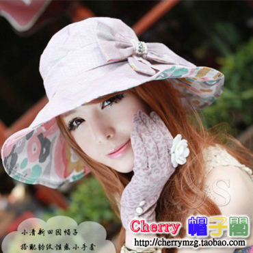 Fashion sparkling diamond pearl soft steel wire big along the cap female spring and summer folding bow sunbonnet