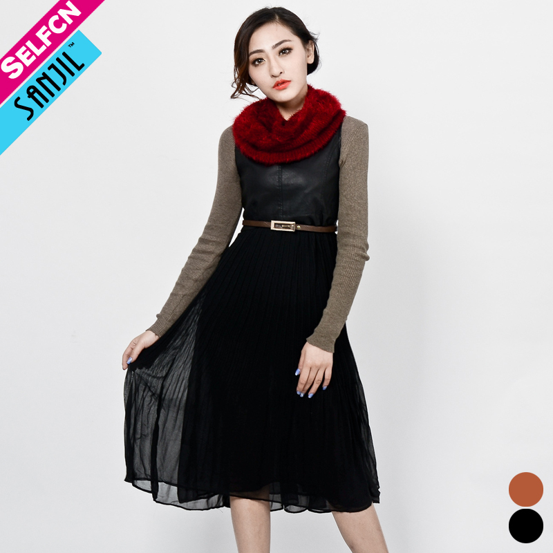 Fashion spring 2013 new arrival PU water washed leather patchwork sweep pleated chiffon fashion sleeveless vest one-piece dress