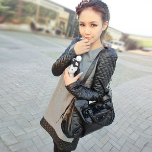 Fashion Spring and Autumn,  Leather sleeve Slim Patchwork Fur Woolen One-Piece Dress M-XL