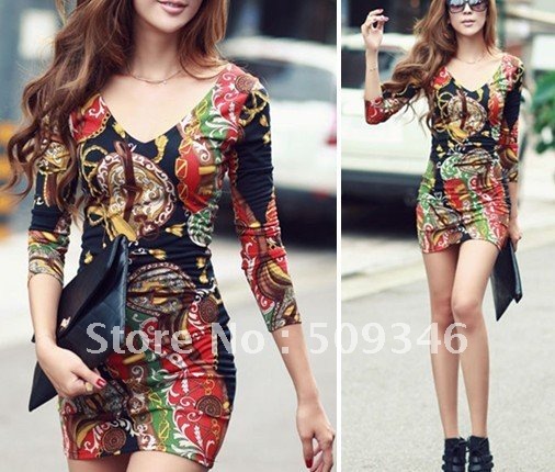 Fashion Spring Autumn Women Clubwear Sexy Short Mini Dress Long Sleeve Party Retro Vintage Print V Neck Wholesale Free Shipping