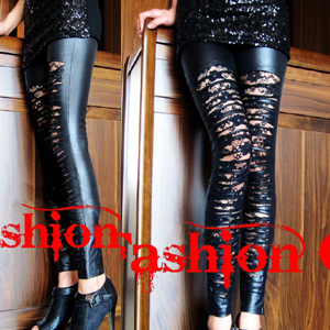 Fashion spring punk perspectivity lace faux leather hole beggar pants ankle length trousers legging
