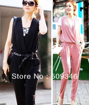 Fashion Spring Summer Sleeveless Women Ladies Long Jumpsuits Romper Pants Casual Solid V Neck Black Pink M L Free Shipping