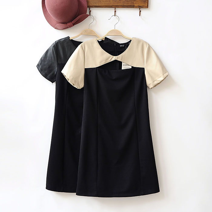 Fashion spring women's ea33 vintage PU faux leather patchwork cutout short-sleeve slim one-piece dress - 2