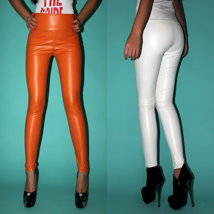 Fashion star all-match high waist faux leather material thermal plus velvet high waist legging orange