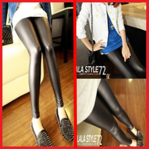 Fashion star leggings black faux leather tight elastic pants basic leather pants women's