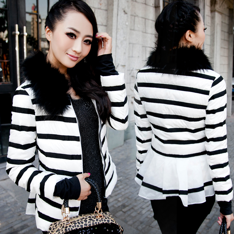 Fashion stripe 2012 slim fur collar black short design down coat female down coat