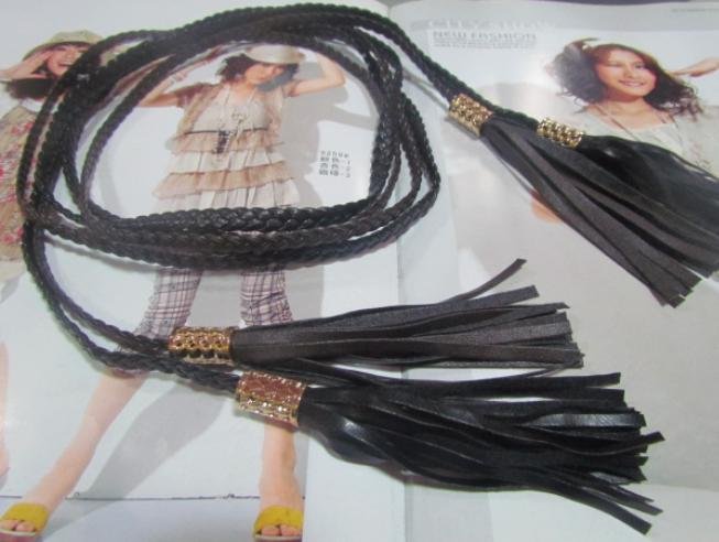 Fashion style!Upscale PU leather braided alloy pendant tassel thin belt A15652116163