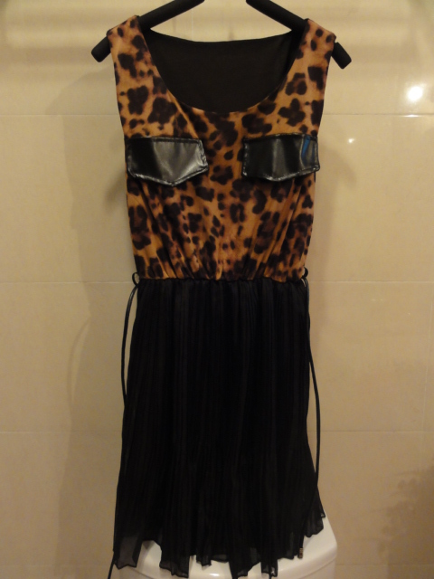 Fashion suede fabric leopard print patchwork chiffon vest one-piece dress slim waist straps pleated skirt leather