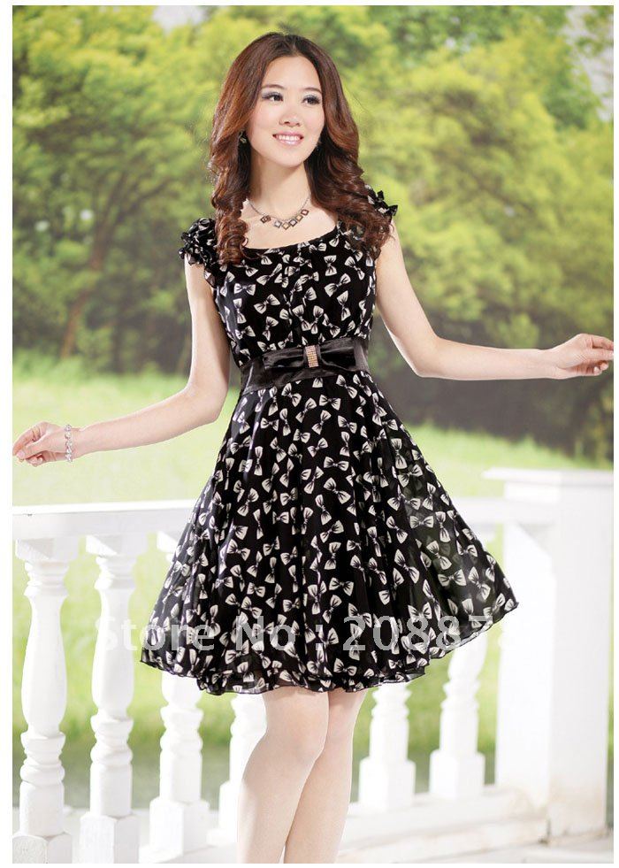 fashion summer chiffon slim dress with bowknot short sleeve 1pcs free ship