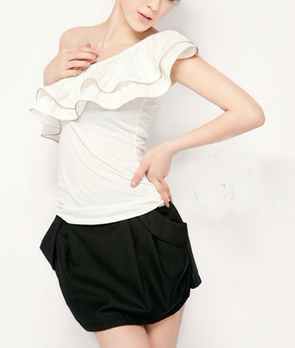 Fashion summer paragraph kimono three-dimensional one oblique shoulder large lotus leaf double layer zipper slim fashion cute