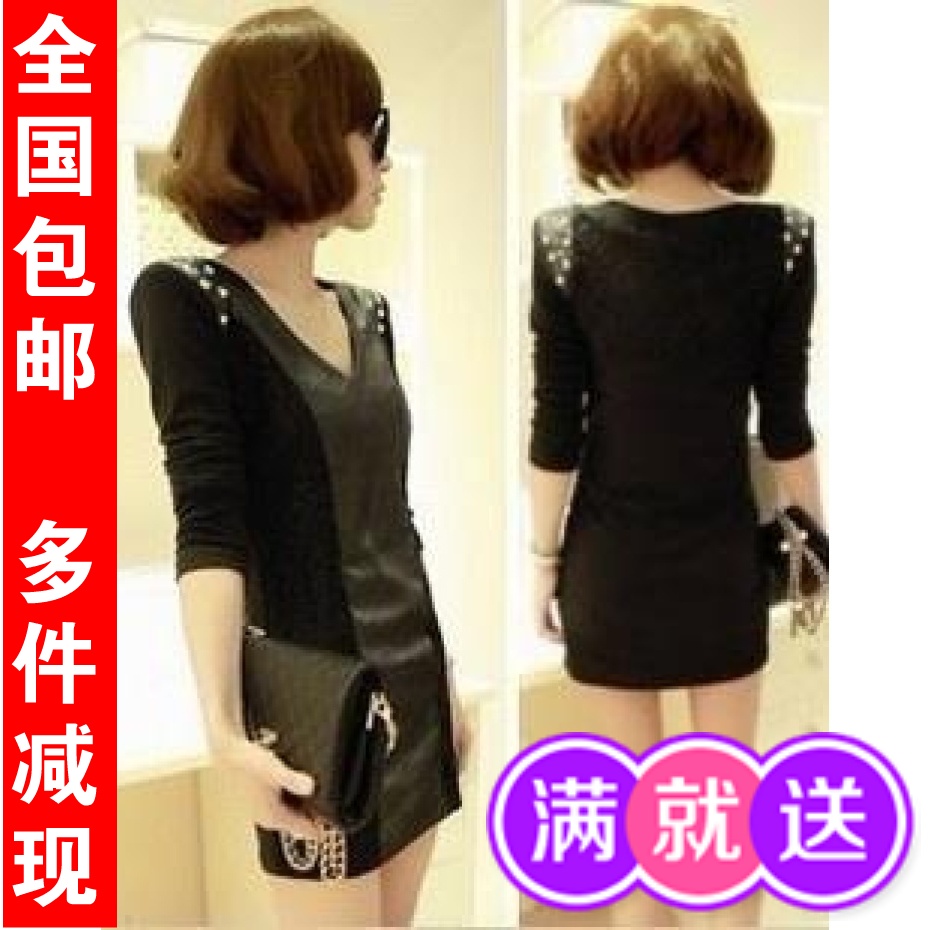 Fashion summer punk slim lace patchwork rivet leather long-sleeve one-piece dress