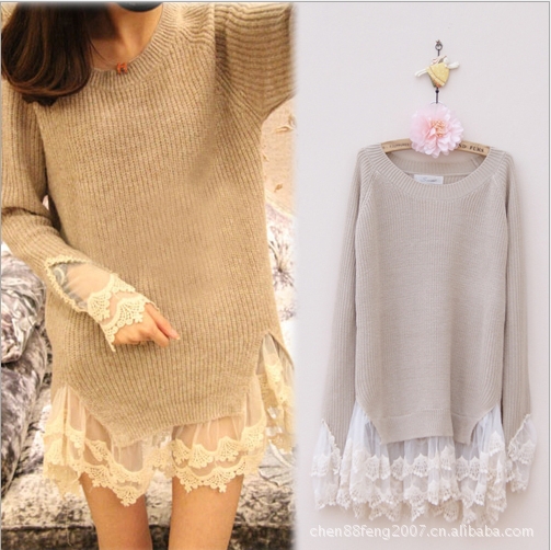 fashion sweater Women Round Neck Knit Sweater Tops Lace Hem Mini Keep Warm Dresses  E0820