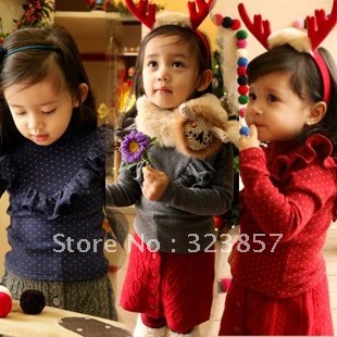 Fashion sweet jacket  V lacework fall winter Primer shirt outwear sweater clothing clothes kids child Dot Christmas casual