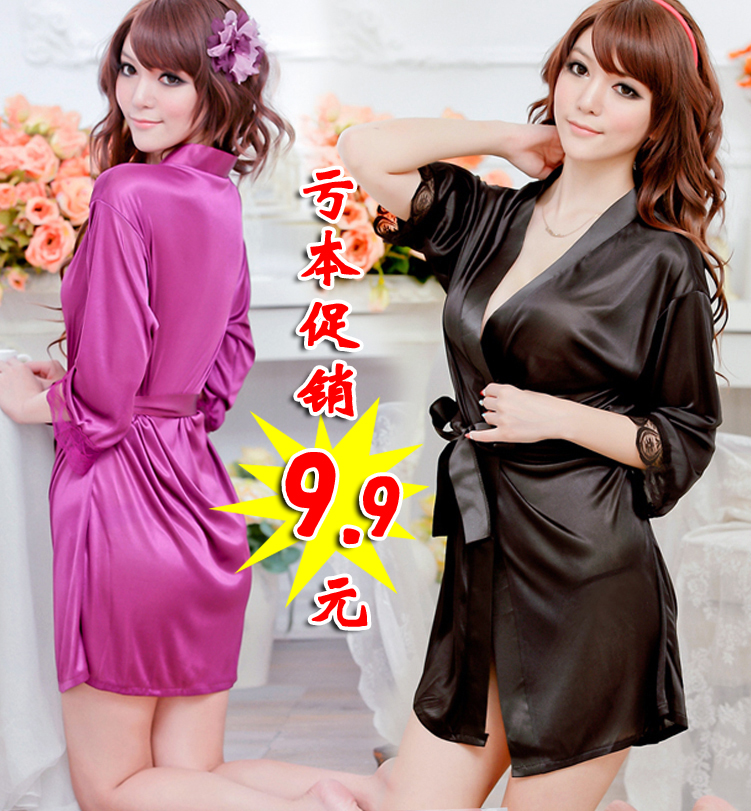 Fashion temptation female sexy robe satin open front short-sleeve bathrobes sleepwear lounge