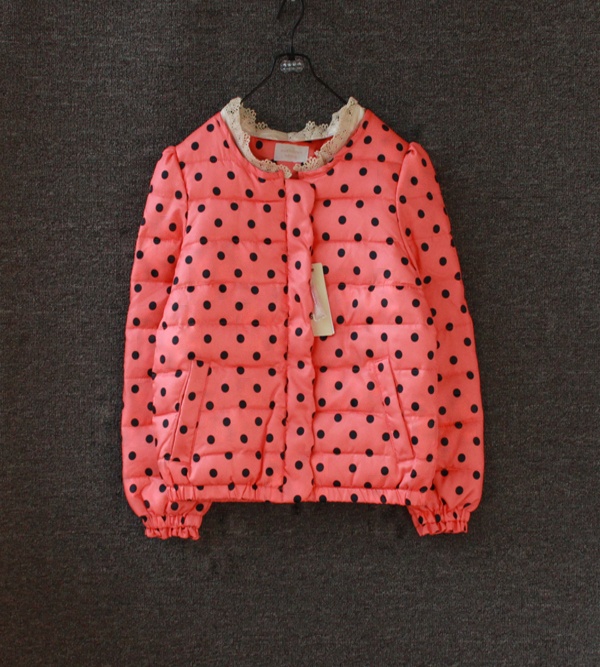 Fashion thermal o-neck short design polka dot lace decoration female down coat