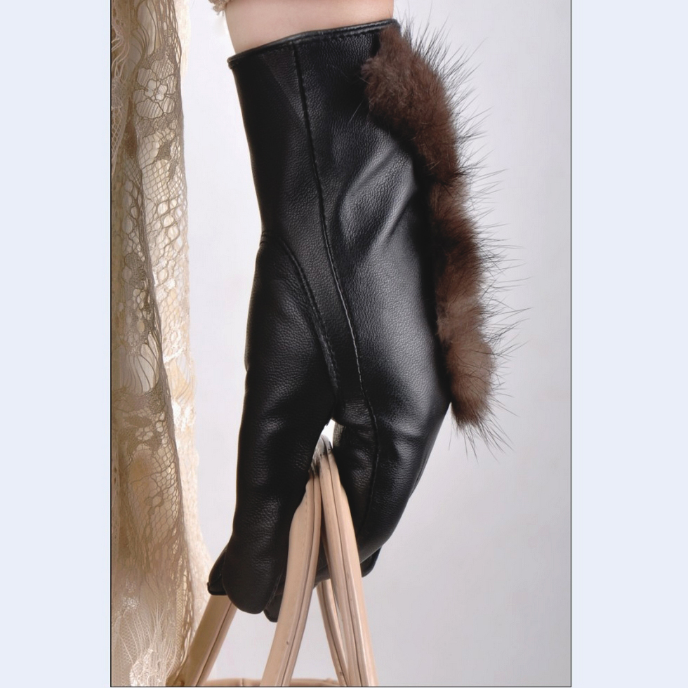 Fashion thermal winter medium-long women's noble mink genuine leather sheepskin gloves