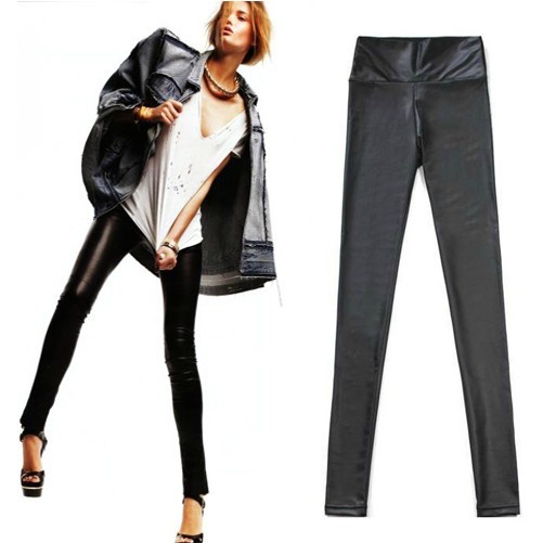 Fashion thickening high waist abdomen drawing PU plus velvet faux leather black legging tight pencil matt leather pants