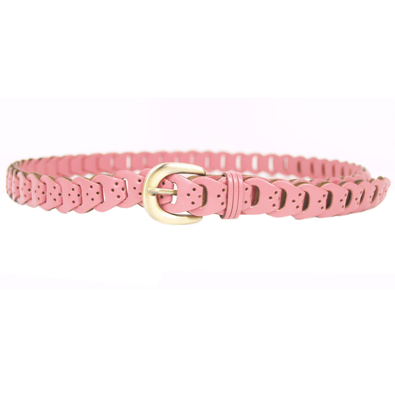 Fashion thin all-match belt Pink leather genuine leather knitted strap spring women's cronyism