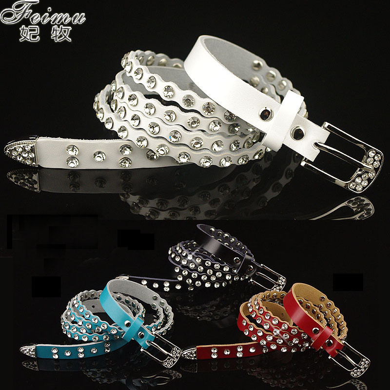 Fashion thin belt diamond decoration Women cowhide decoration women's diamond strap genuine leather double layer style