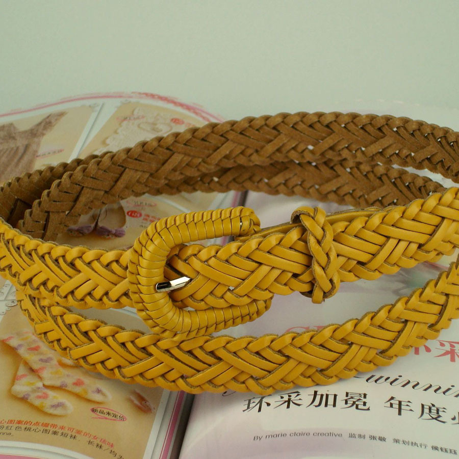 Fashion thin belt yellow genuine leather knitted women's belt strap