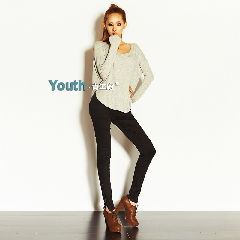 Fashion thin black slanting stripe jeans female trousers side zipper low-waist skinny pants trousers