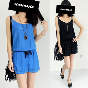 Fashion three-color zipper two ways spaghetti strap jumpsuit shorts