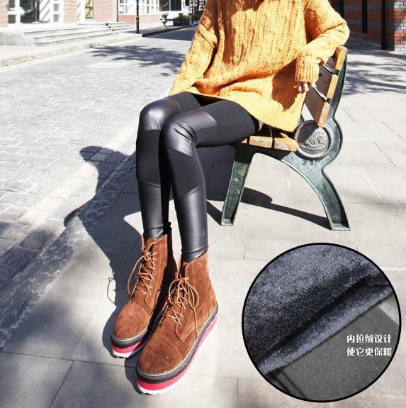Fashion Tight Thicken Beaver Velvet Symmetric Keep Warm Faux Leather Patchwork Leggings Free Shipping B214
