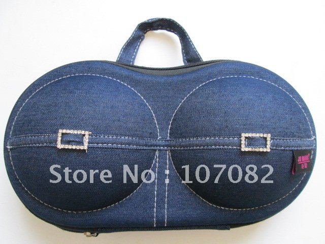Fashion travel bra bag,bra case,bra organizer,underwear case in jeans blue with rhinestones,sweet necessary