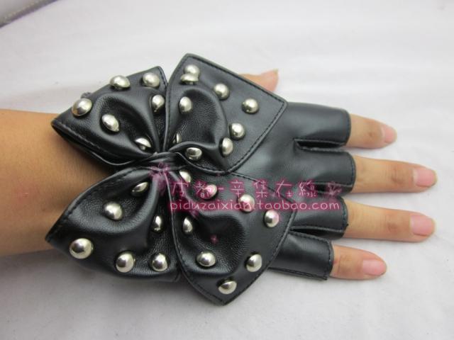 Fashion trend of the bow soft faux leather rivet fashion t women's semi-finger gloves