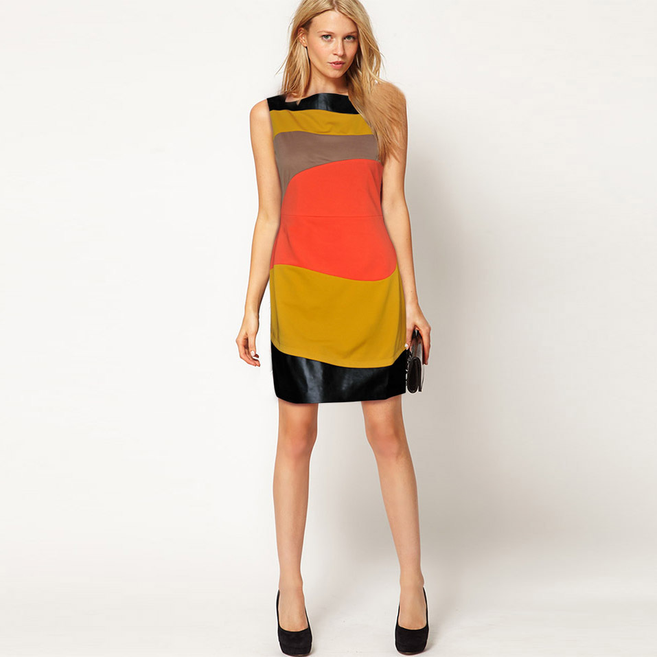 Fashion trend personality color block decoration leather slim clothing formal dress skirt