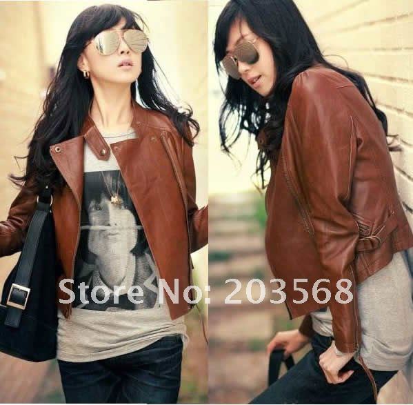 Fashion Trendy Korean Womens Zips Up Faux Leather Slim Jacket Coat Outerwear