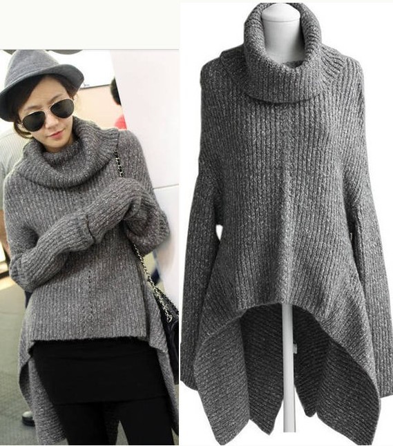 Fashion turtleneck personality irregular low-high thickening sweater outerwear loose turtleneck cape