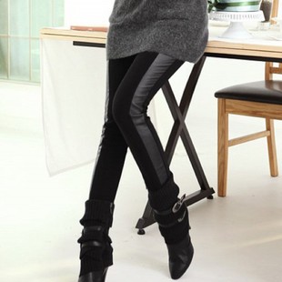 Fashion Two Flanks Patchwork Faux Leather Stretch Tight Leggings Skinny Women Pantyhose Free Shipping 9215
