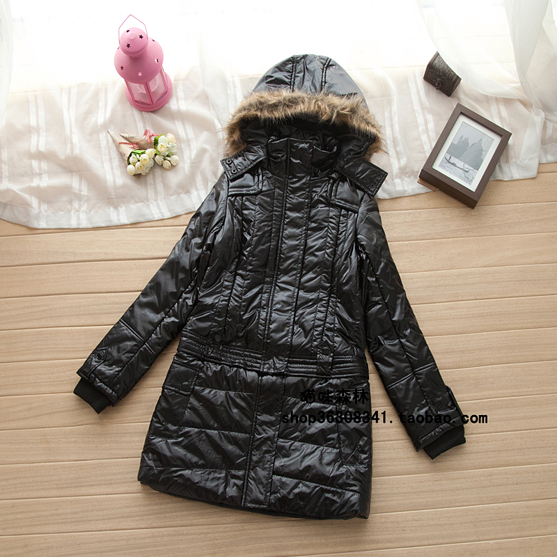 Fashion two ways black waterproof glossy with a hood long design cotton-padded jacket 0.92kg