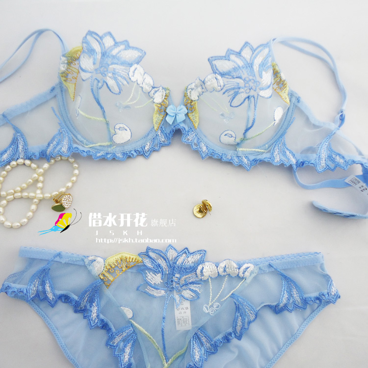 Fashion underwear sexy embroidery ultra-thin light blue gauze transparent bra set