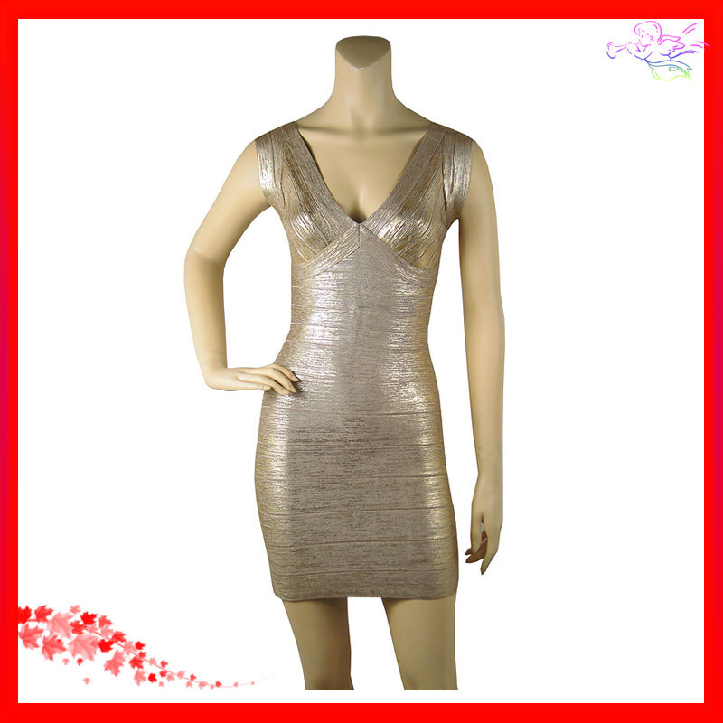 fashion V collar sleeveless coffee color, silver, golden dress