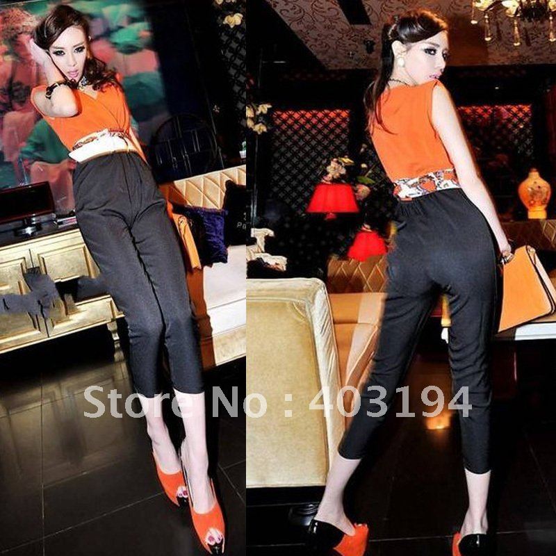 Fashion vintage 2012 New V-neck sleeveless silks & satins cummerbund colorant match clothes high waist pants jumpsuit overall
