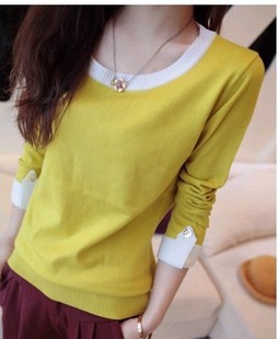 Fashion vintage brief color block hepburn elegant all-match o-neck long-sleeve basic sweater female t-shirt