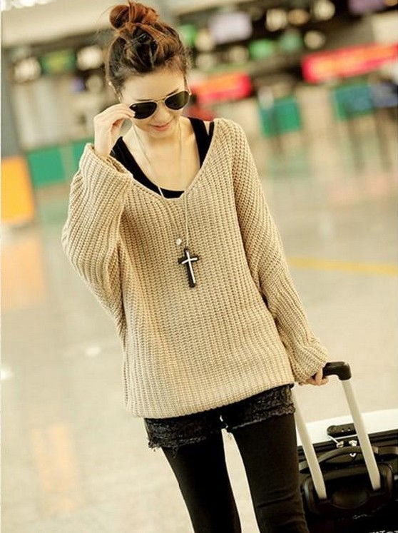 Fashion Vintage Deep-V Bulky Soft Baggy Jumper Sweater