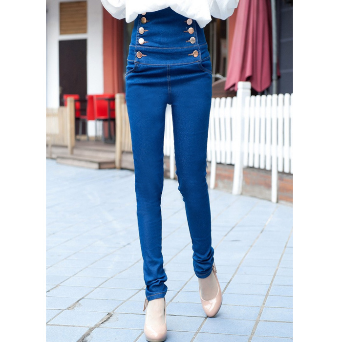 fashion vintage double breasted trousers female elastic high waist denim long trousers free shipping