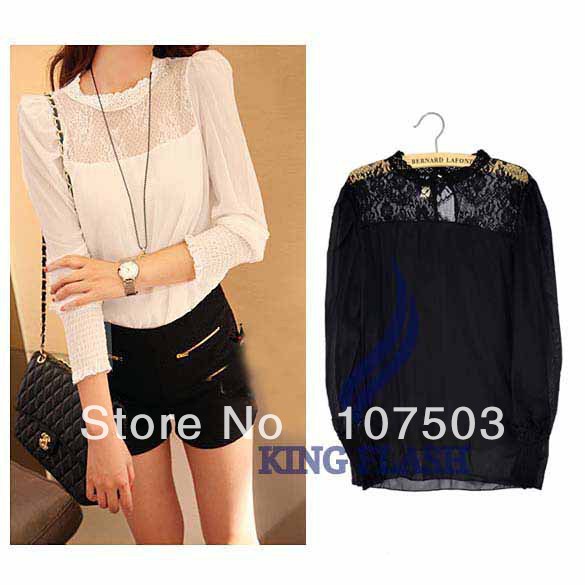 Fashion Vintage Elegant Ladies Women's Chiffon Shirt Long Sleeve Shirt Blouse 2 Colors free shipping 8026