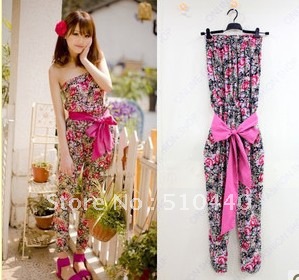 fashion vintage floral print tube top cotton women jumpsuit 2 colors