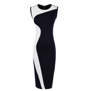 Fashion vintage geometry design arc patchwork knitted all-match basic navy blue and white dress