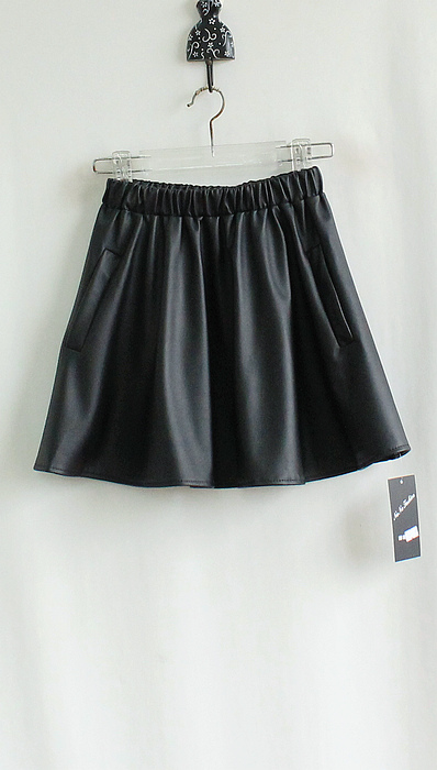 Fashion vintage high quality double pocket high waist bud expansion bottom puff skirt leather skirt PU short skirt bust skirt