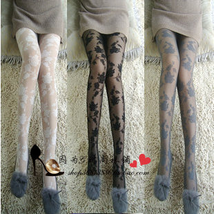 Fashion vintage lace cutout rose thin jacquard milky pantyhose female white stockings free shipping