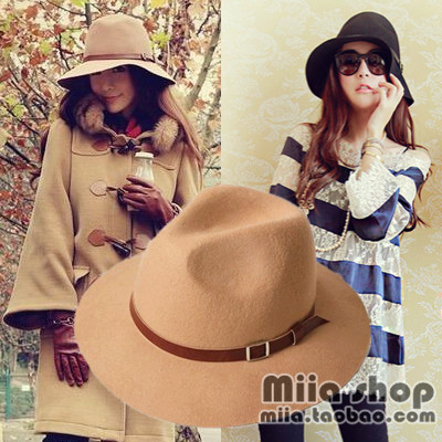 Fashion vintage leather buckle on pure woolen bucket hats flat brim fedoras jazz hat autumn and winter female