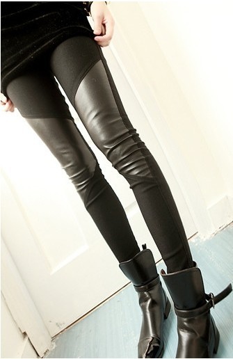 fashion vintage leather  patchwork legging elastic pencil   female autumn trousers FREE SHIPPING